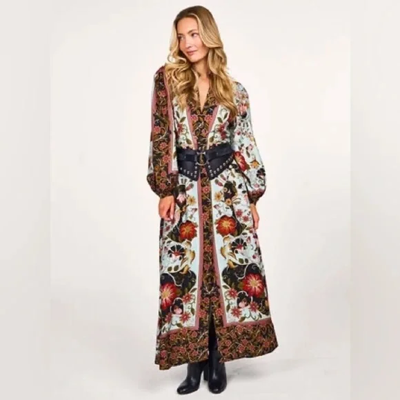 NWT Farm Rio Blue Flowing Beauty Maxi Dress